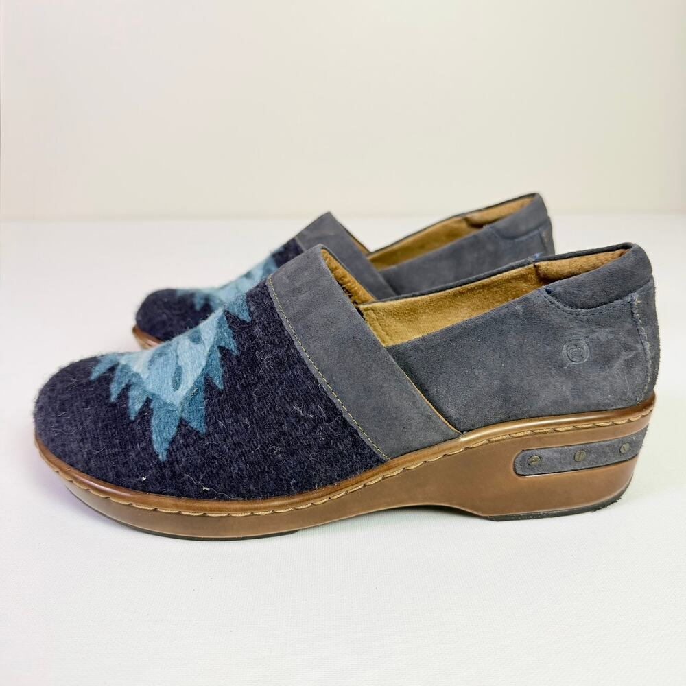 Born Bandy Navy Wool Southwest Blanket Blue Suede Wedge Clogs Women's 9 Slip Ons - Picture 4 of 10